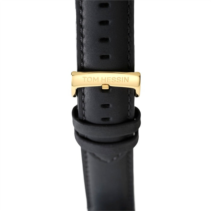 Tom Hessin Revolution Black watch with black leather strap and gold buckle - buckle close up