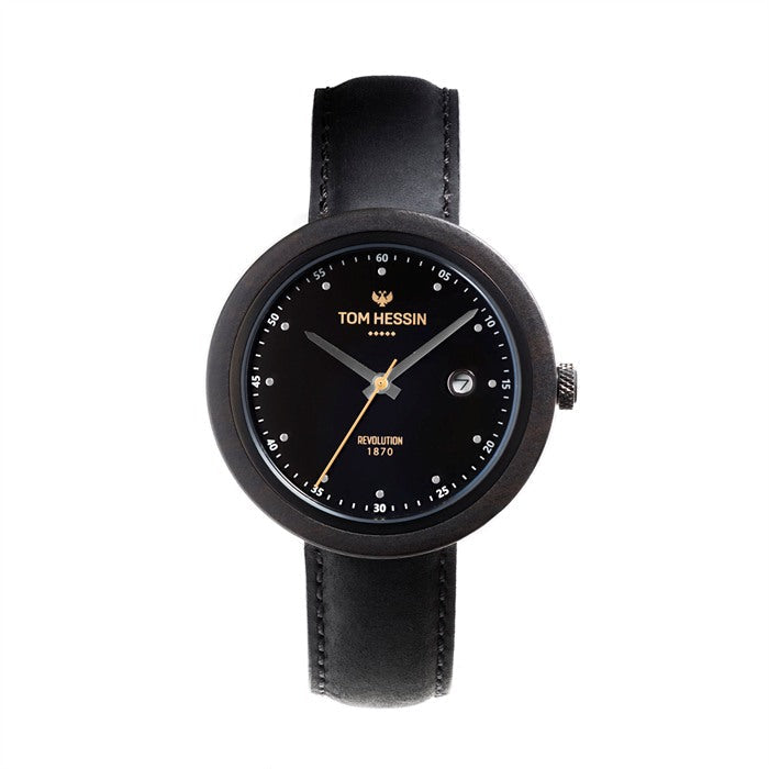 Tom Hessin Revolution Black watch with black leather strap and black buckle - front view