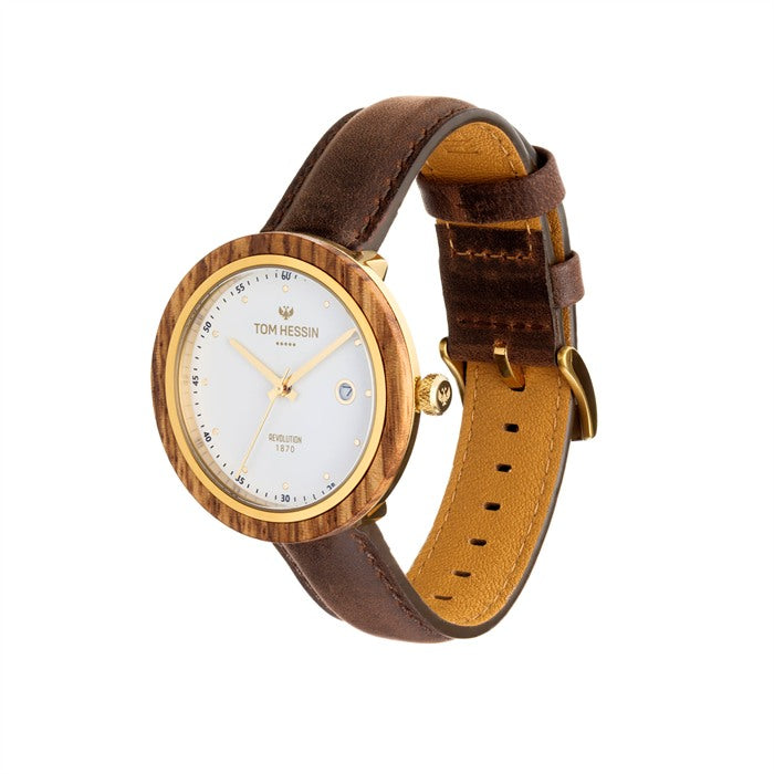 Tom Hessin Revolution Gold watch with brown leather strap and gold buckle