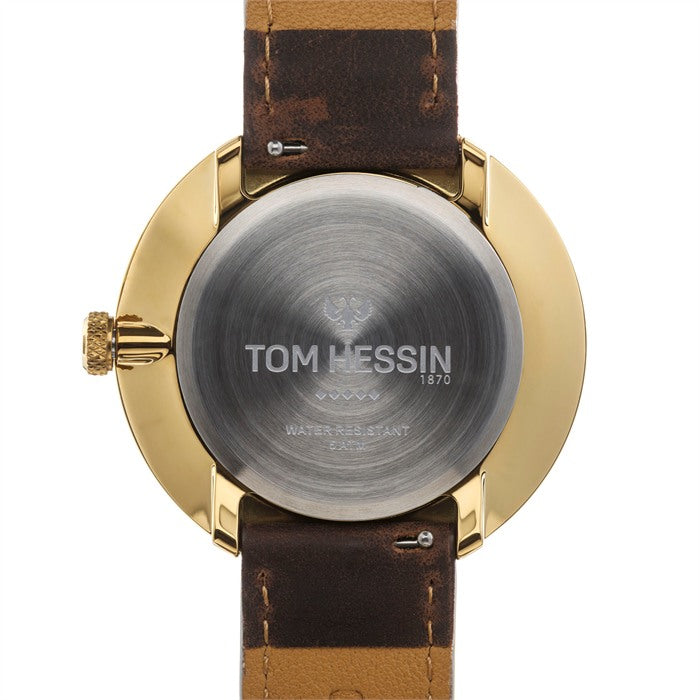 Tom Hessin Revolution Gold watch with brown leather strap and gold buckle - caseback