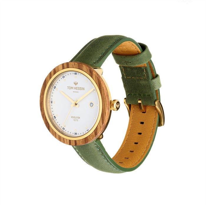 Tom Hessin Revolution Gold watch with green leather strap and gold buckle