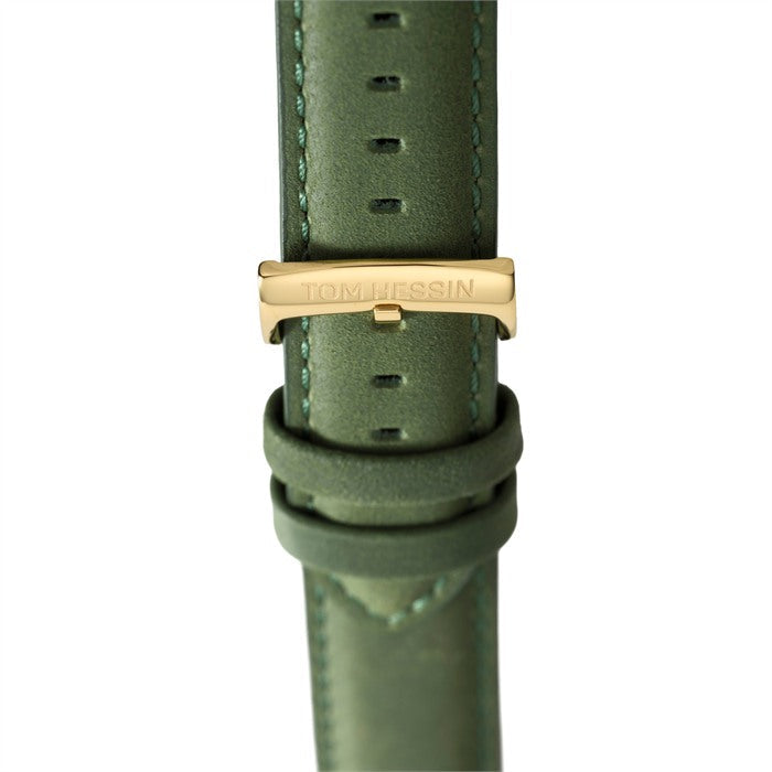 Tom Hessin Revolution Gold watch with green leather strap and gold buckle - buckle close up
