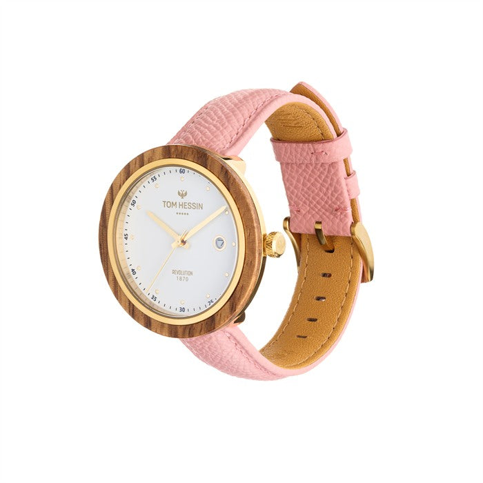 Tom Hessin Revolution Gold watch with pink Epsom leather strap and gold buckle