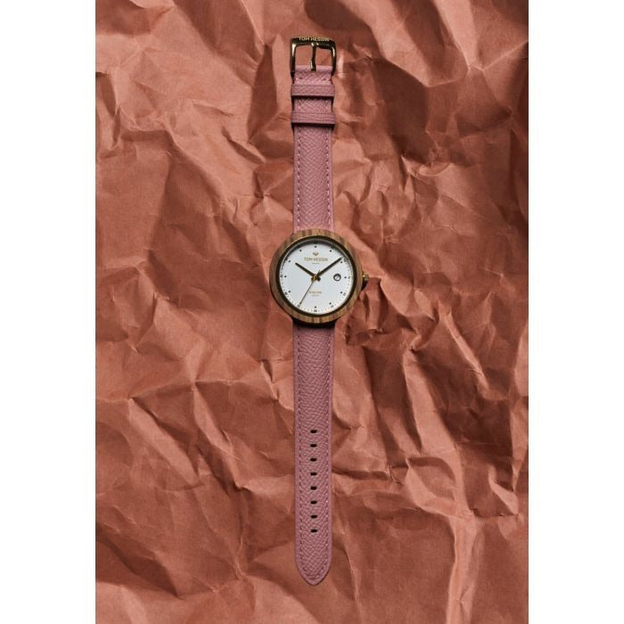 Tom Hessin Revolution Gold watch with pink Epsom leather strap and gold buckle - lifestyle