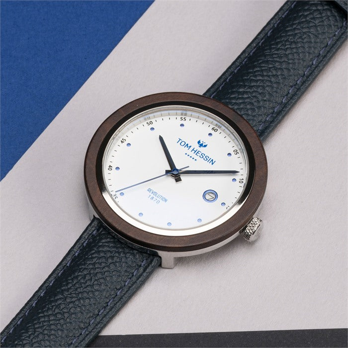 Tom Hessin Revolution Blue watch with blue Epsom leather strap and chrome buckle - lifestyle