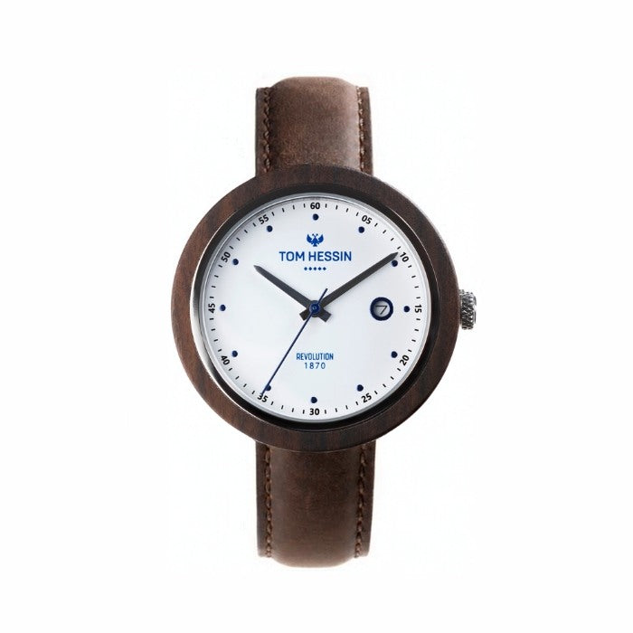 Tom Hessin Revolution Blue watch with brown leather strap and chrome buckle - front view
