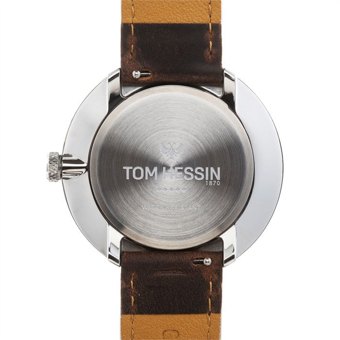 Tom Hessin Revolution Blue watch with brown leather strap and chrome buckle - caseback