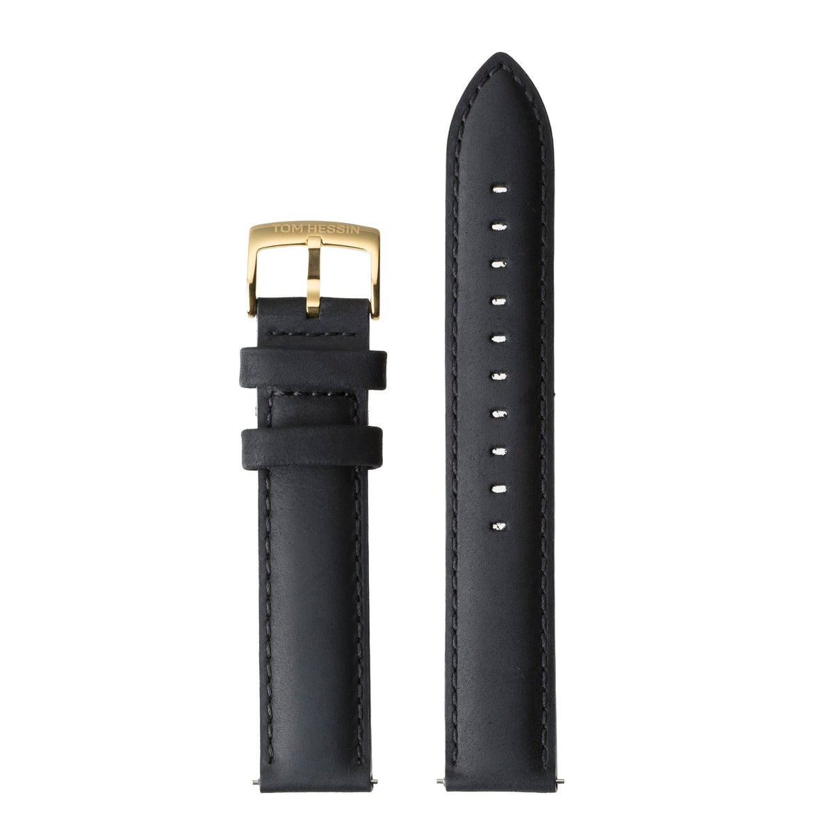 Tom Hessin Revolution black leather watch strap with gold buckle - view 2