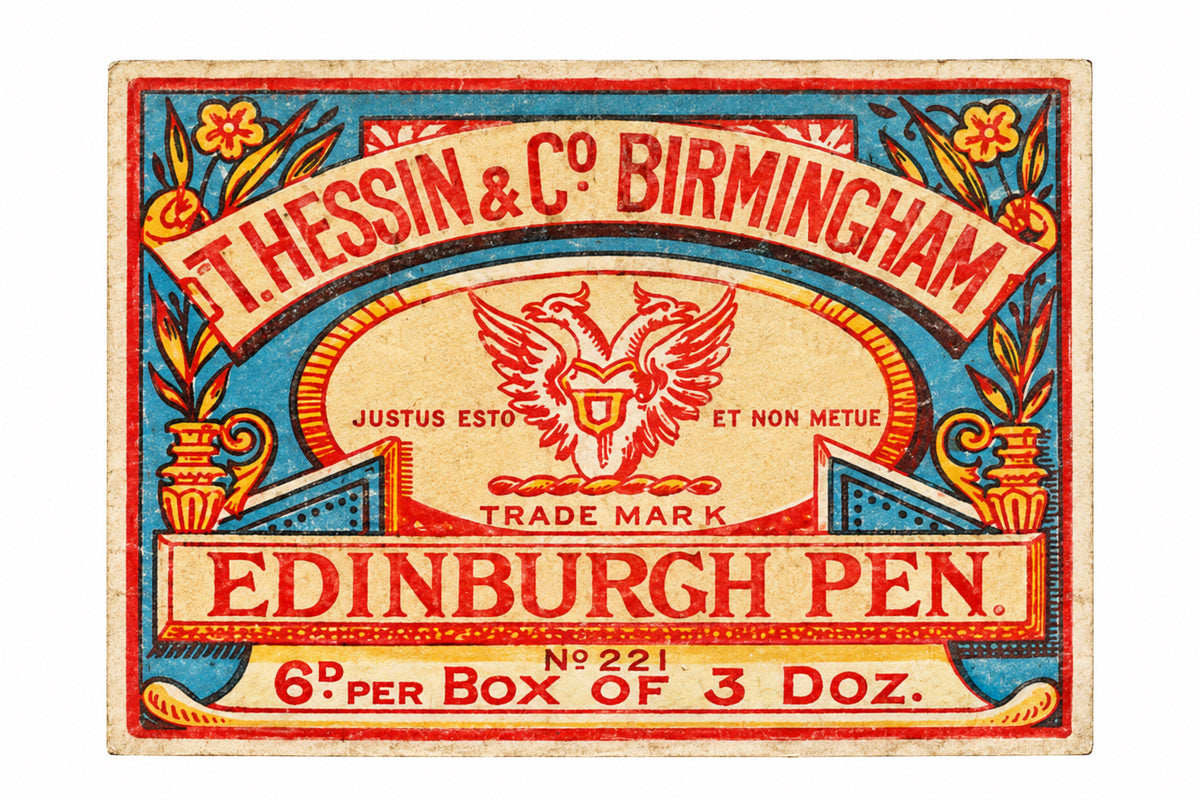 Red, blue and cream box label reading T. Hessin and Co., Birmingham, Edinburgh Pen No. 221, box of 3 dozen, with a double-headed eagle trade mark