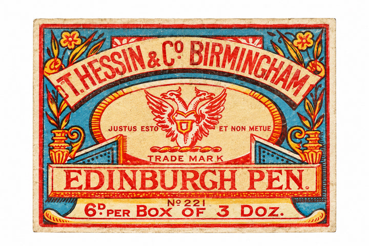 Red, blue and cream box label reading T. Hessin and Co., Birmingham, Edinburgh Pen No. 221