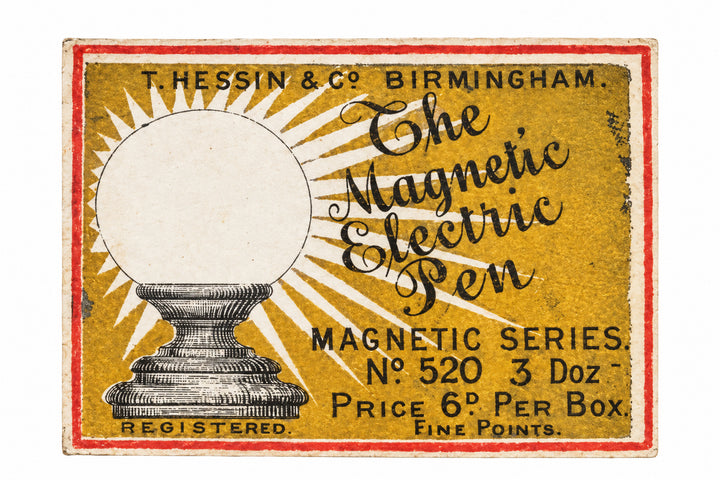 Gold, black and red box label reading T. Hessin and Co., Birmingham, The Magnetic Electric Pen, Magnetic Series No. 520