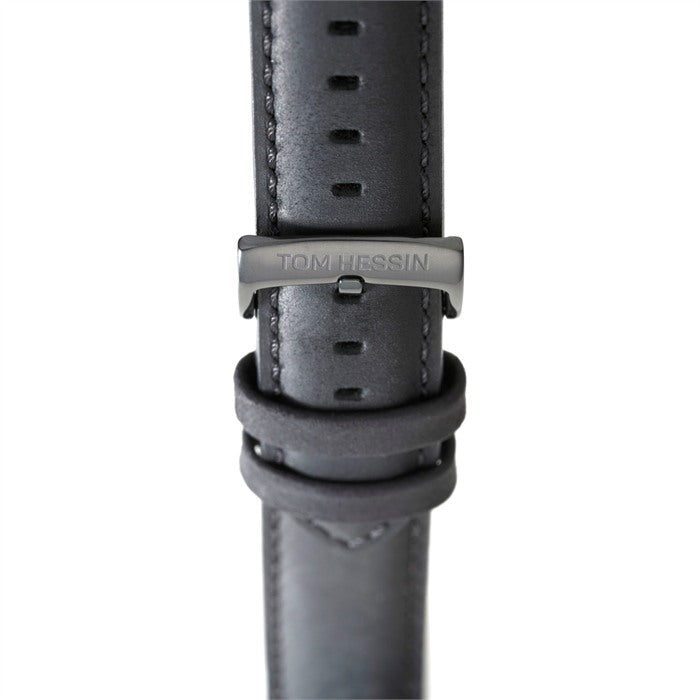 Tom Hessin Revolution Black watch with black leather strap and black buckle - buckle close up