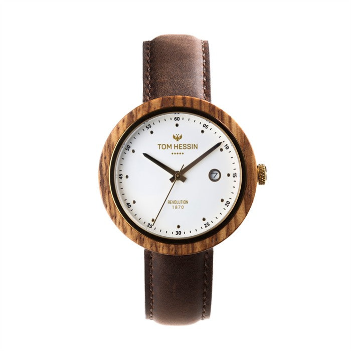 Tom Hessin Revolution Gold watch with brown leather strap and gold buckle - front view