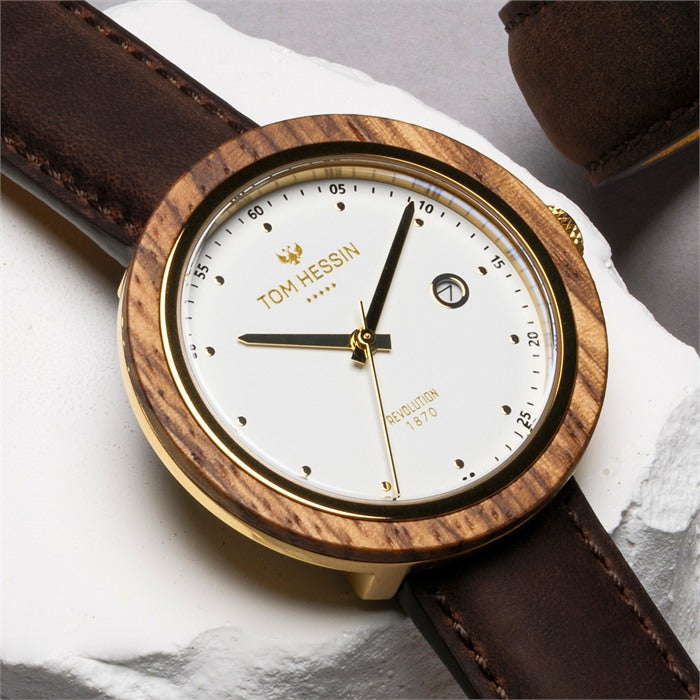 Tom Hessin Revolution Gold watch with brown leather strap and gold buckle - lifestyle