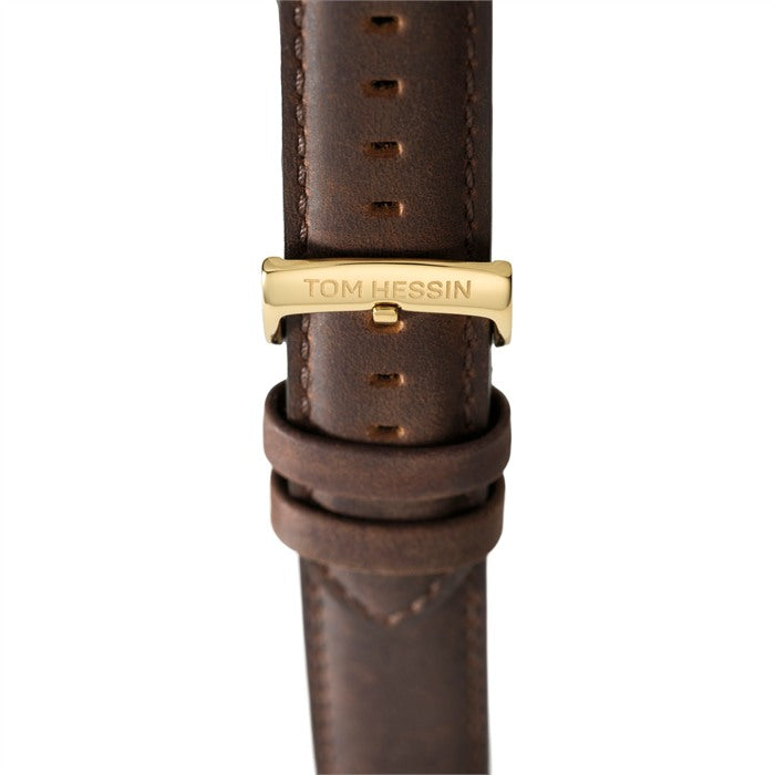 Tom Hessin Revolution Gold watch with brown leather strap and gold buckle - buckle close up