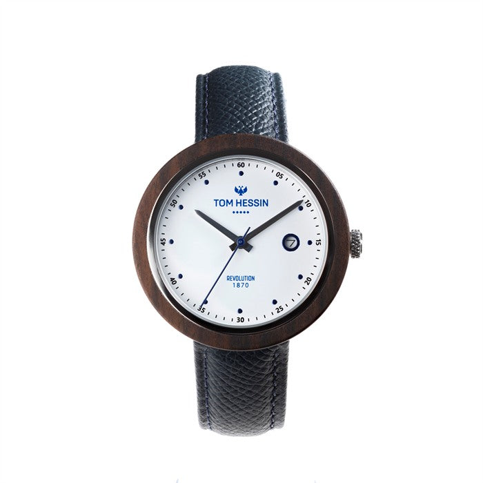 Tom Hessin Revolution Blue watch with blue Epsom leather strap and chrome buckle - front view