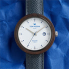 Tom Hessin Revolution Blue watch with blue Epsom leather strap and chrome buckle - lifestyle close up