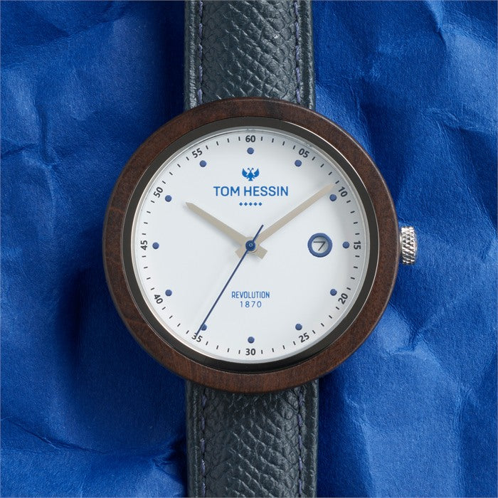 Tom Hessin Revolution Blue watch with blue Epsom leather strap and chrome buckle - lifestyle close up