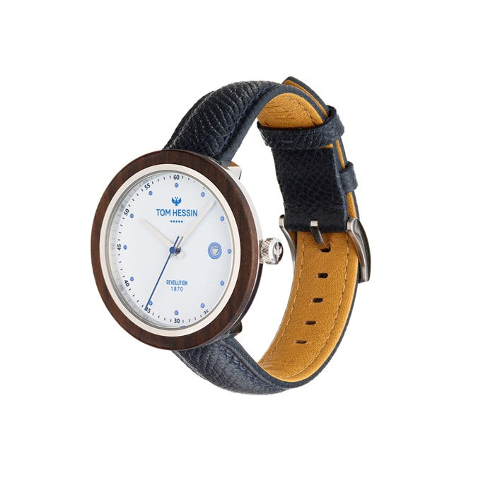 Tom Hessin Revolution Blue watch with blue Epsom leather strap and chrome buckle