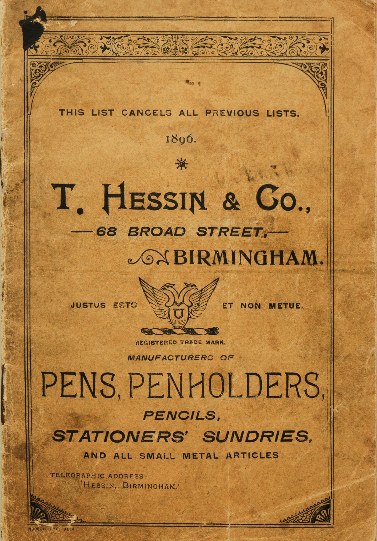 Cover of the T. Hessin and Co. price list for 1896, printed in black on buff paper, with the double-headed eagle trade mark and the address 68 Broad Street, Birmingham
