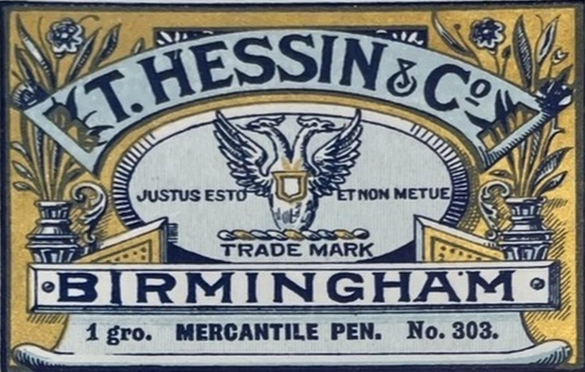 Gold, blue and white box label reading T. Hessin and Co., Birmingham, 1 gross Mercantile Pen No. 303, with a double-headed eagle trade mark