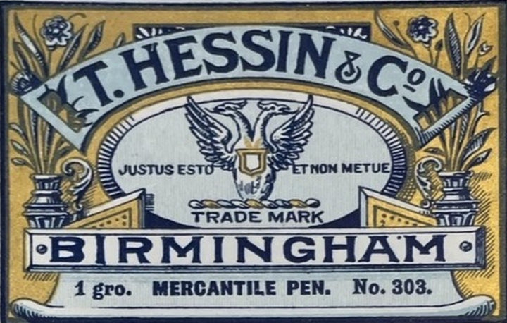 Gold, blue and white box label reading T. Hessin and Co., Birmingham, 1 gross Mercantile Pen No. 303, with a double-headed eagle trade mark