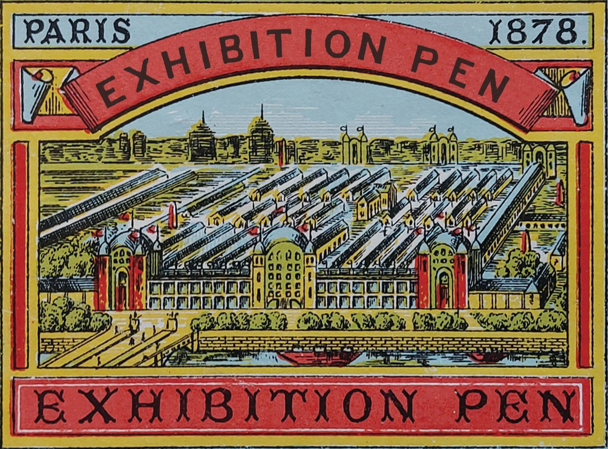Colour label in red, yellow and pale blue: an engraved view of exhibition halls beside a river, with banners reading Paris 1878 and Exhibition Pen