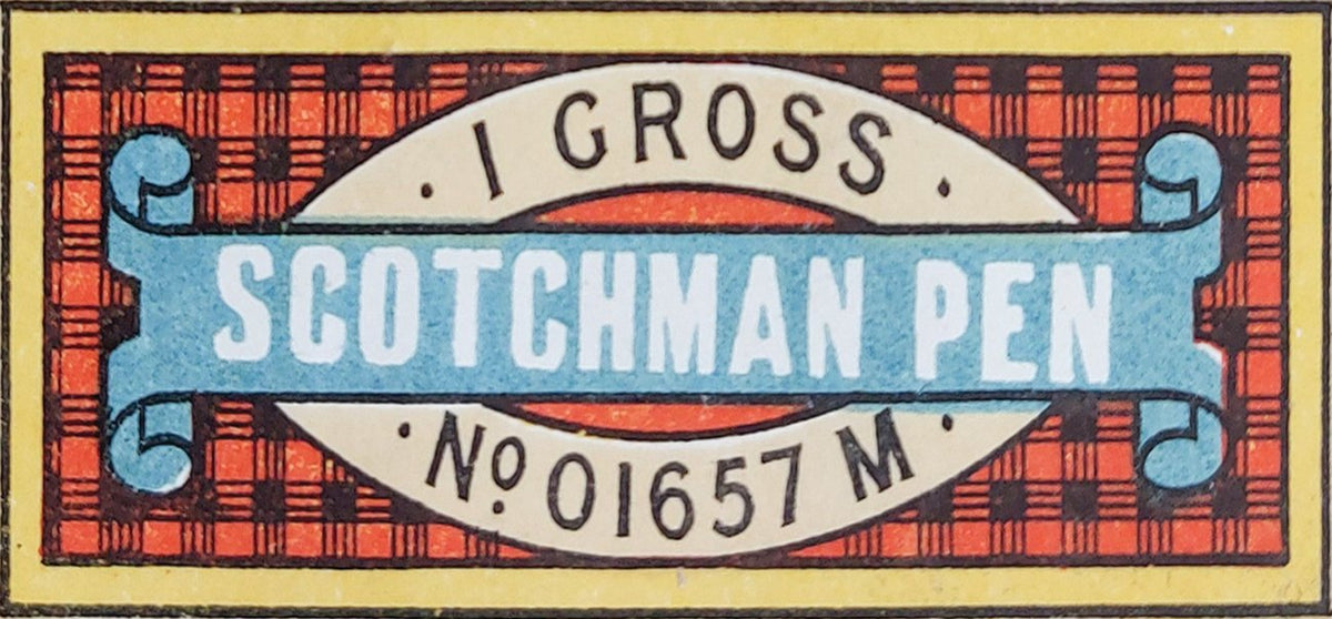 Colour label with a red and black tartan ground and a pale blue banner reading Scotchman Pen, 1 Gross, No. 01657 M