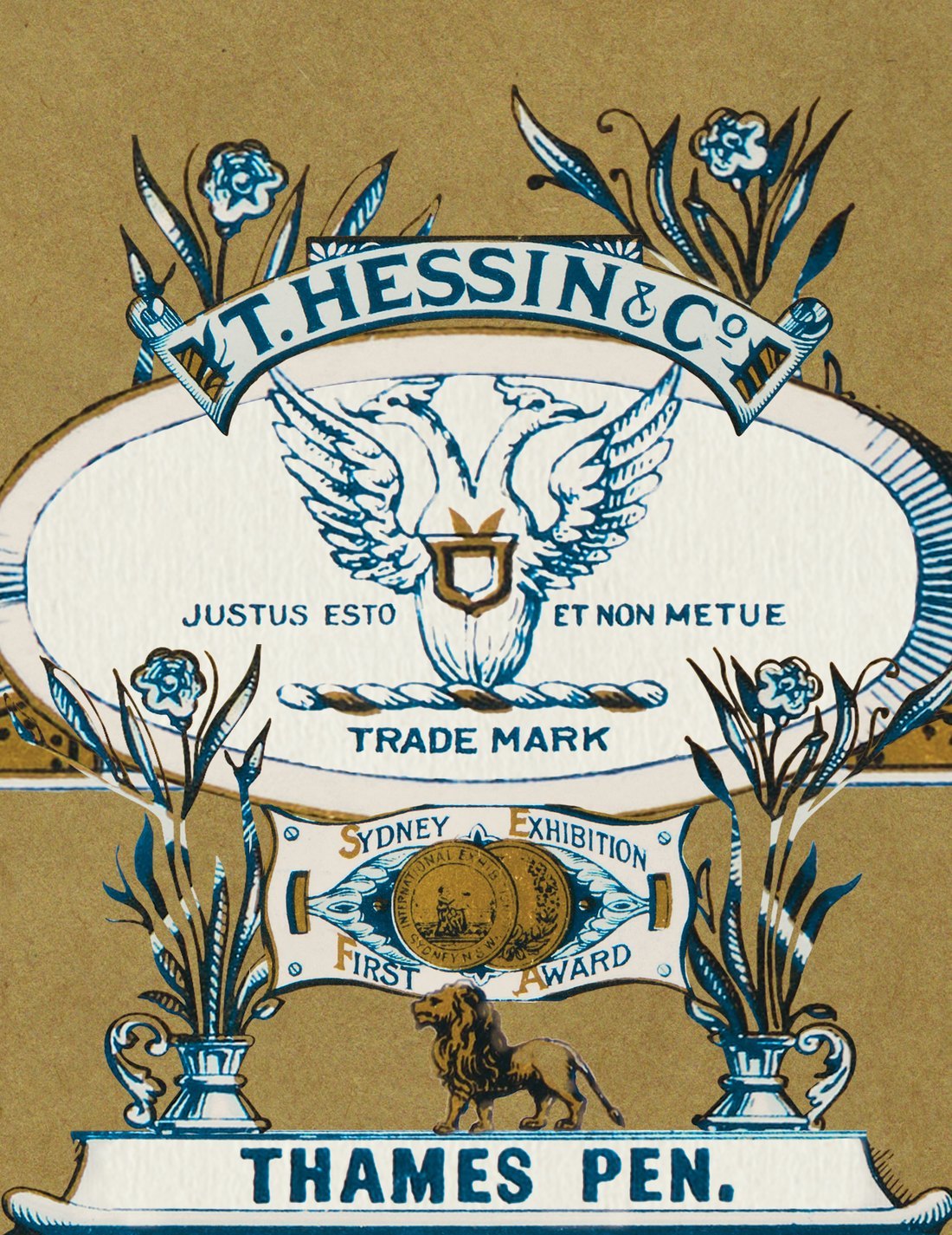 Blue, white and gold label artwork for the T. Hessin and Co. Thames Pen, with a double-headed eagle, the motto Justus esto et non metue and a Sydney Exhibition medal