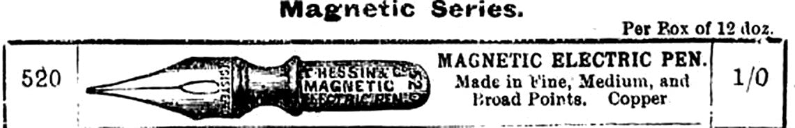Top of page 17 of the 1896 price list, headed Magnetic Series: an engraved steel nib listed as No. 520 Magnetic Electric Pen, made in fine, medium and broad points